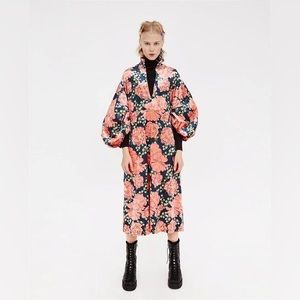 Zara Trafaluc Balloon Sleeve Floral Velvet Midi Dress Size S